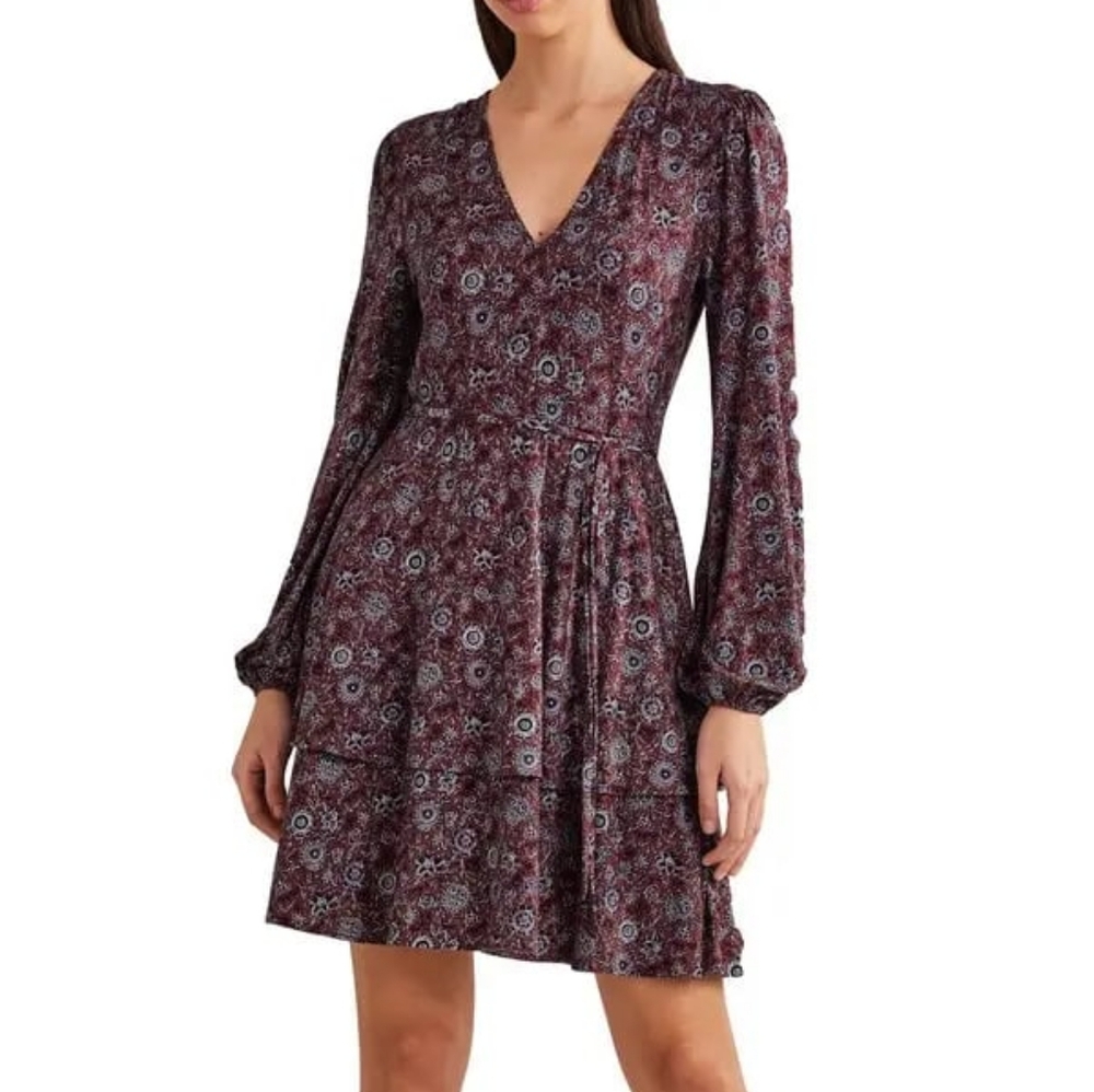 Boden Floral V-Neck Long Sleeve Dress Tiered  Wrapped Dress ‎ Size 14